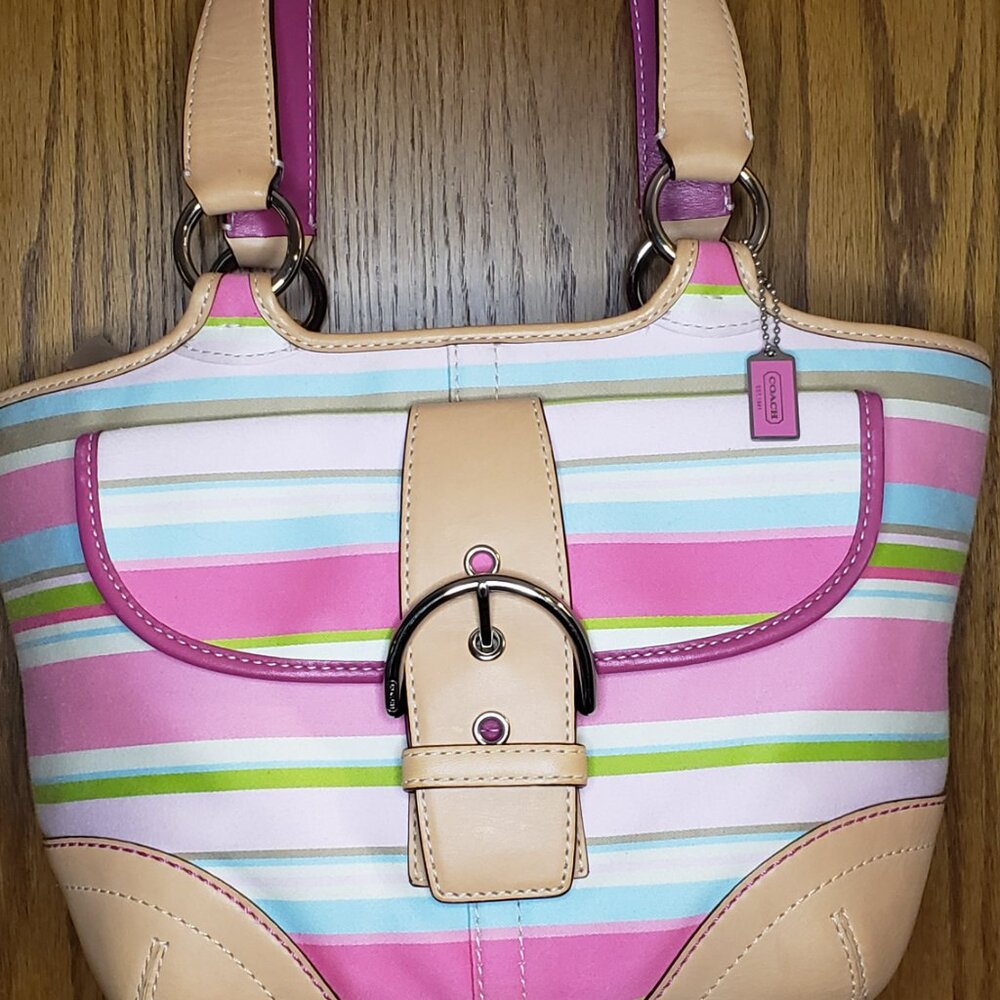 Vintage COACH 1889 Hampton Soho Multi-color Striped Canvas & Leather Buckle Tote - Picture 4 of 13